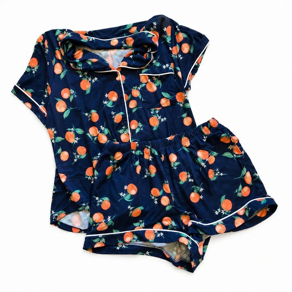 Joyspun Navy Orange Print Pajama Set Short Sleeve Button Up Shorts Womens Medium